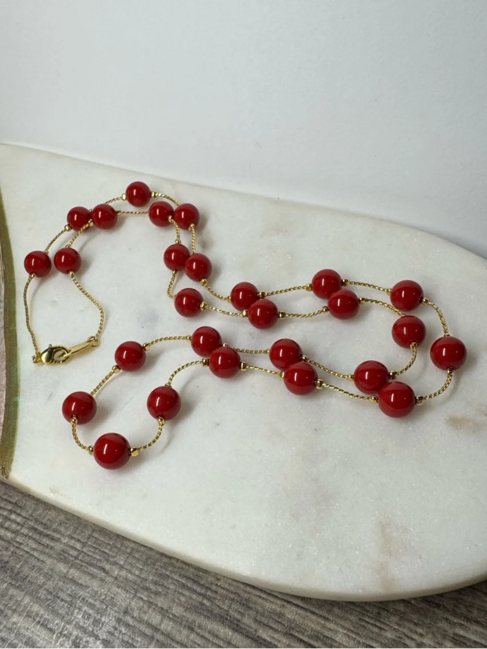 Red Bead Necklace Gold Tone Chain Long Necklace